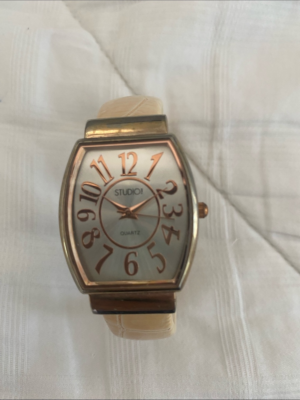 STUDIO Rose Gold-Tone  Watch with Cream Strap. Worn, needs battery